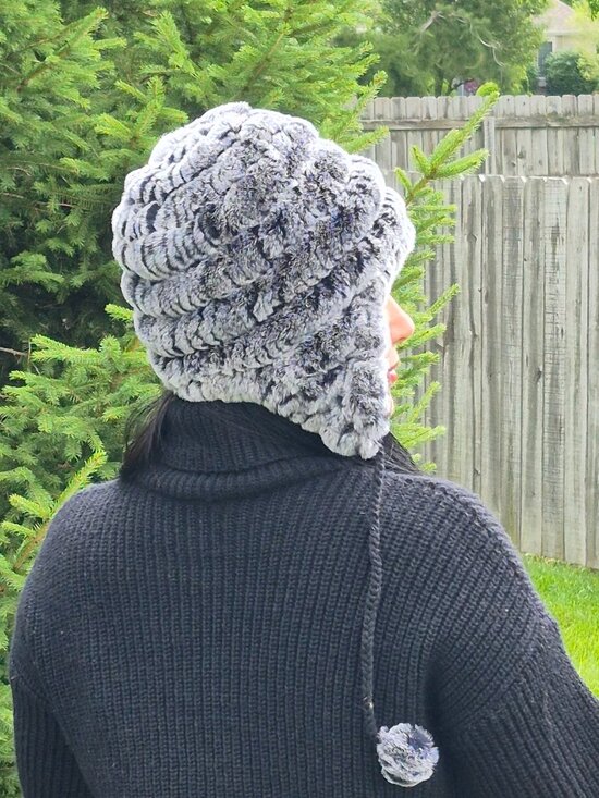 Silver Rex Rabbit Fur Earflap Hat, Knit Fur Ushanka with Pompoms, Aleutka Beanie main image 5